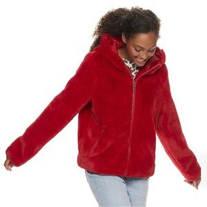 Jou Jou Junior's Hooded Faux Fur Coat Red Zip Front Pockets Size L